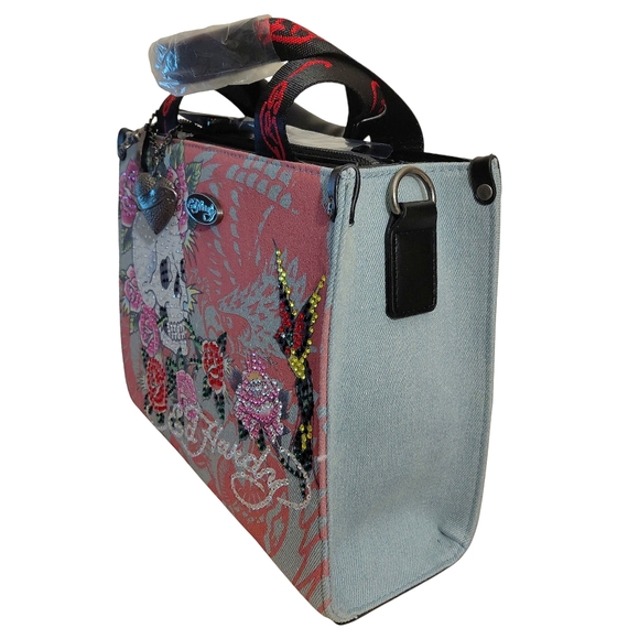 Ed Hardy Skull & Roses Rhinestone Tote Bag - Picture 2 of 7